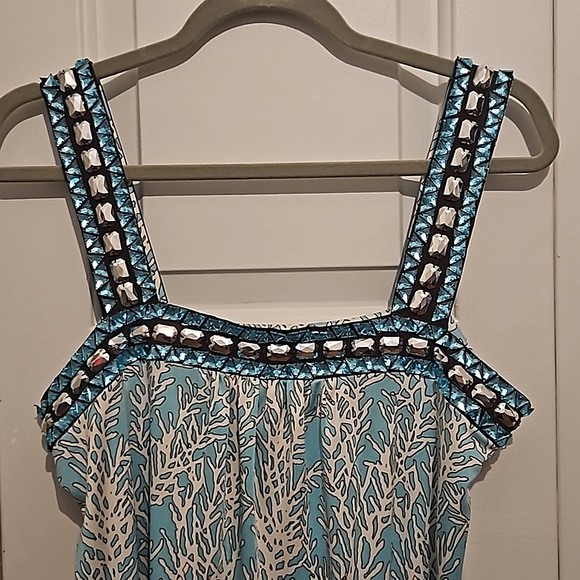 Tory Burch 100% Silk Crystal Turquoise Coral Print Mid-Length Dress/ M - Picture 6 of 9